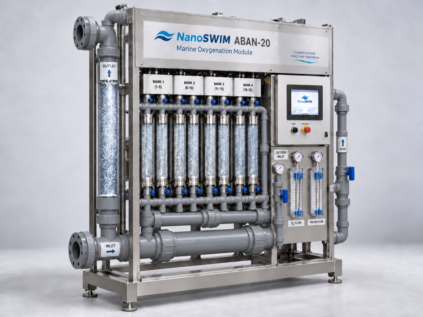 NanoSWIM ABAN-20 — Nanobubble oxygenation for wellboats — 20 passive generators on one compact skid.